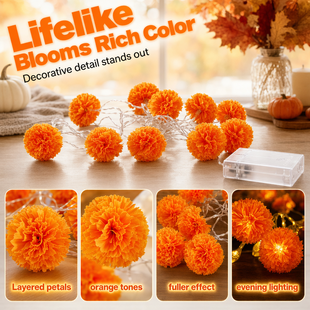Marigold String Lights – Festive Glow & Charming Autumn Decor