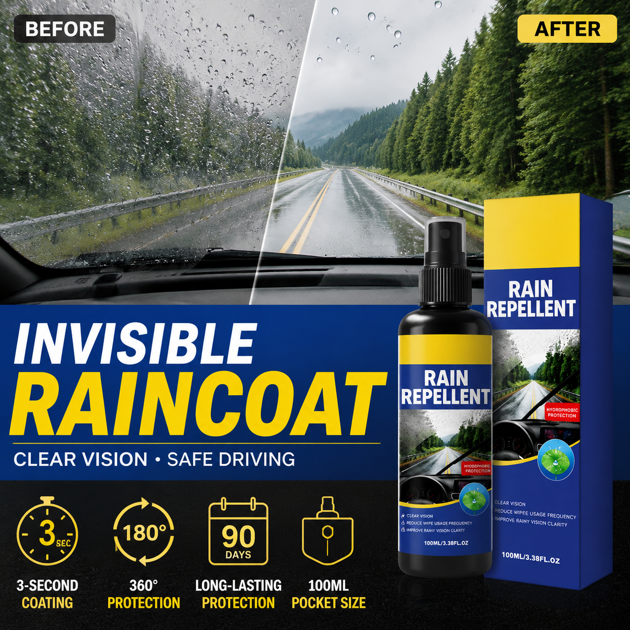 🚗Crystal Clear Windshield Rain Repellent Spray