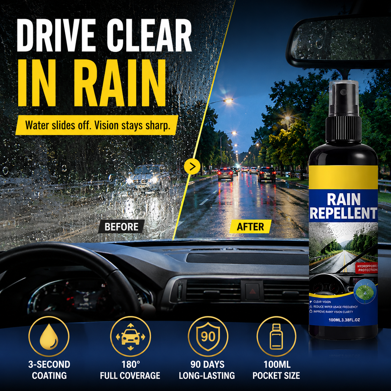 🚗Crystal Clear Windshield Rain Repellent Spray