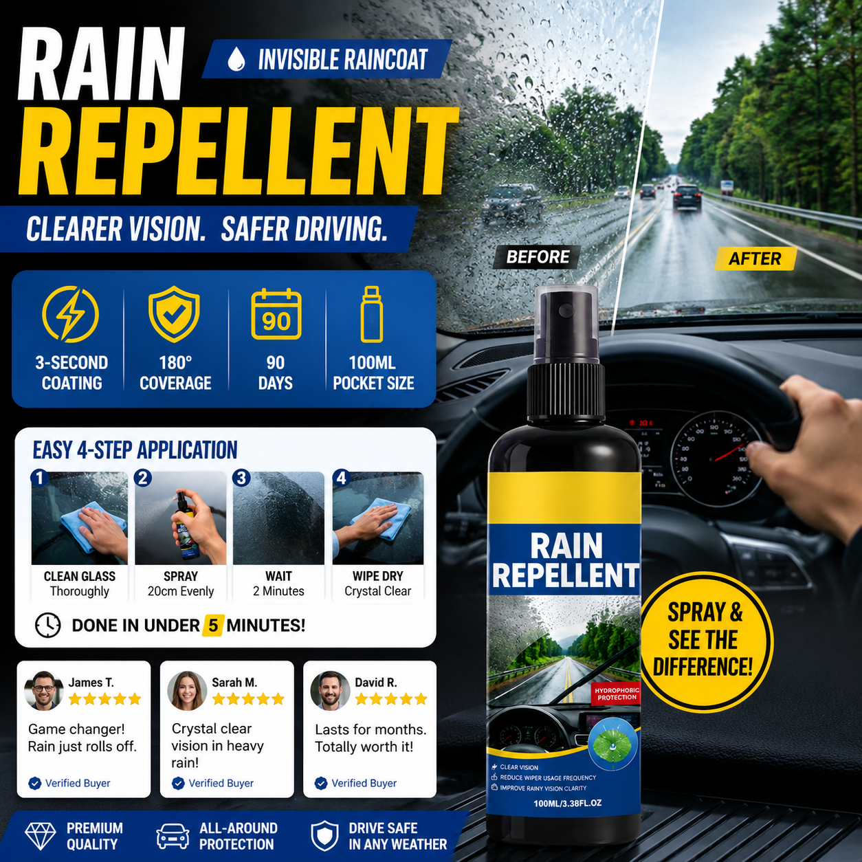 🚗Crystal Clear Windshield Rain Repellent Spray