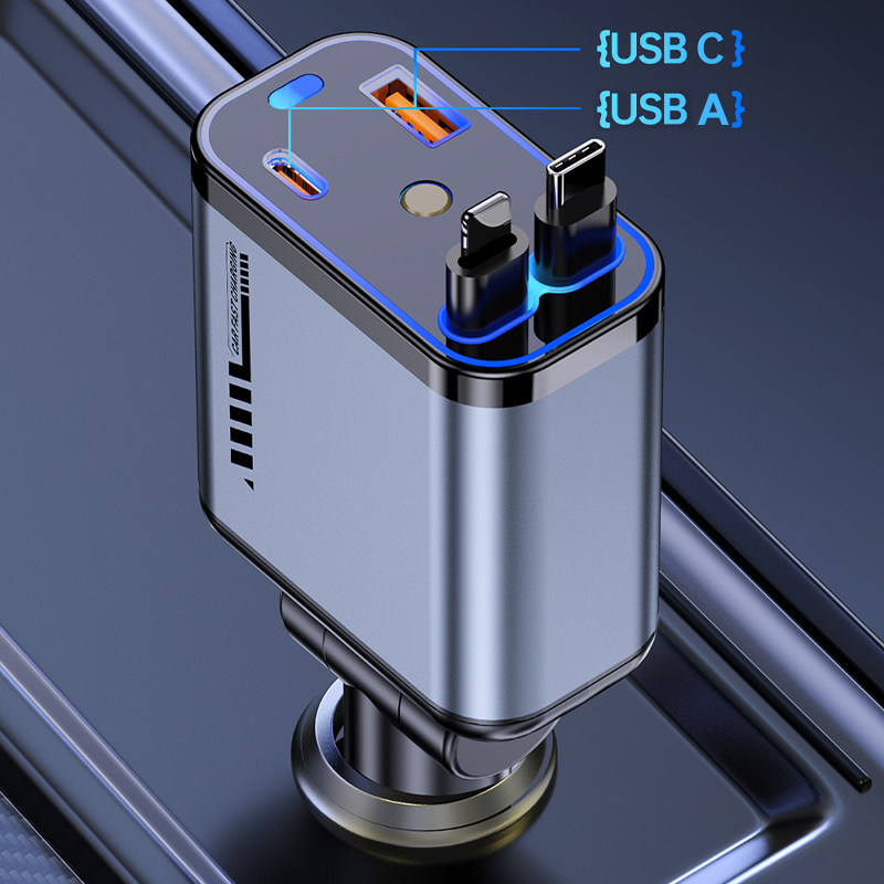 Multifunctional Fast Charging Car Charger with Retractable Cable