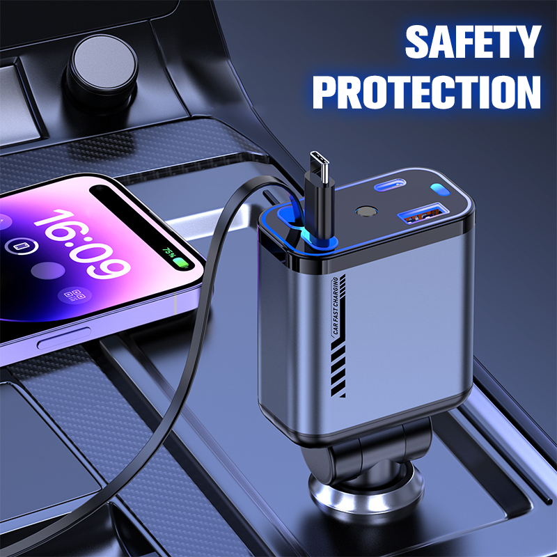 Multifunctional Fast Charging Car Charger with Retractable Cable