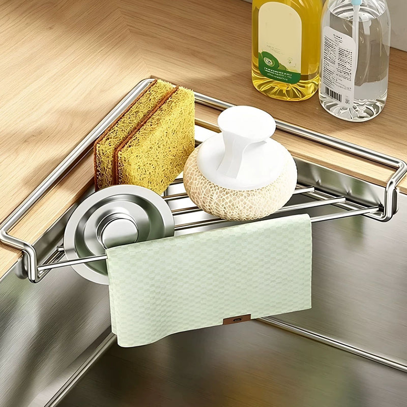 🧽 No More Slimy Sponges – Stainless Steel Corner Rack with Fast-Drain Tray. Keeps Counters Dry.
