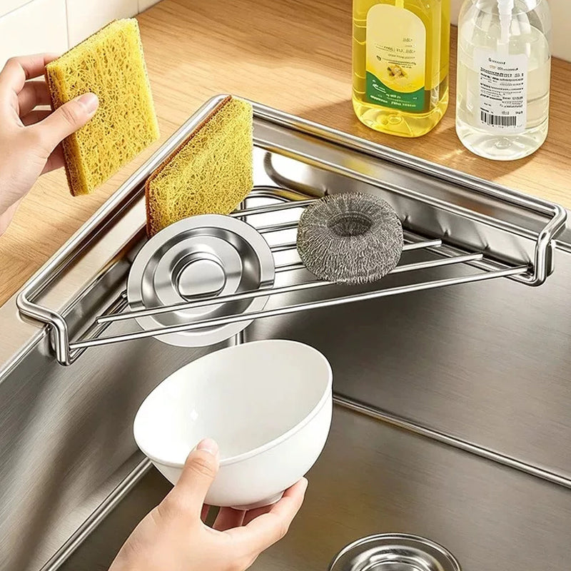 🧽 No More Slimy Sponges – Stainless Steel Corner Rack with Fast-Drain Tray. Keeps Counters Dry.