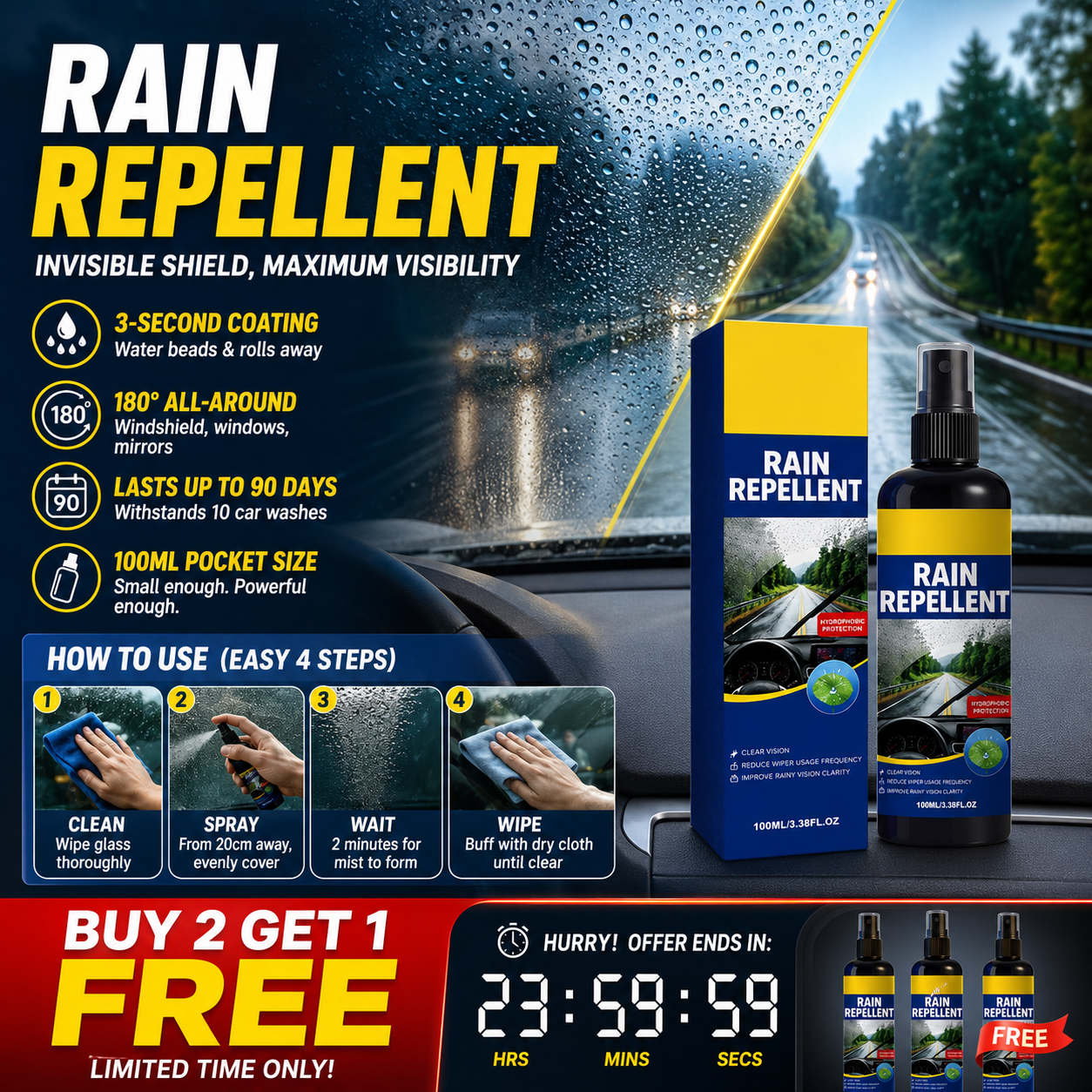 🚗Crystal Clear Windshield Rain Repellent Spray