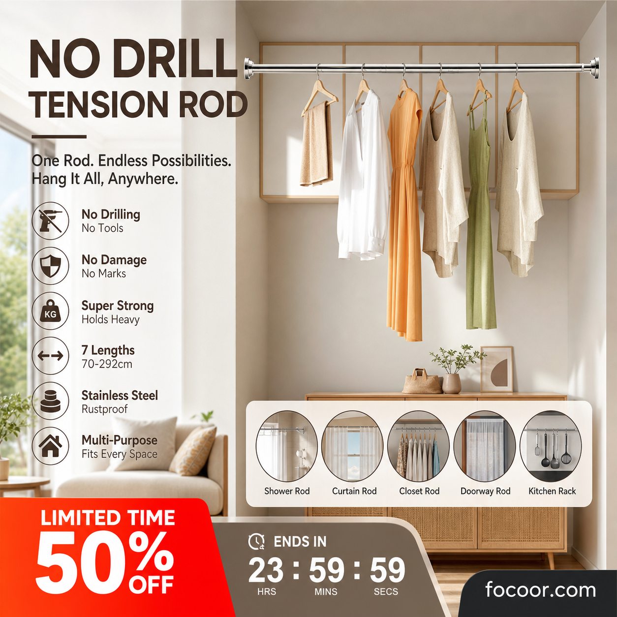 Adjustable No-Drill Tension Rod